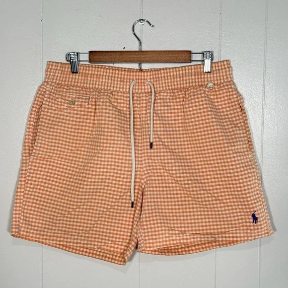 Polo Ralph Lauren Traveler Gingham Swim Trunk Shorts Men's M Orange 5.5" - Picture 2 of 16